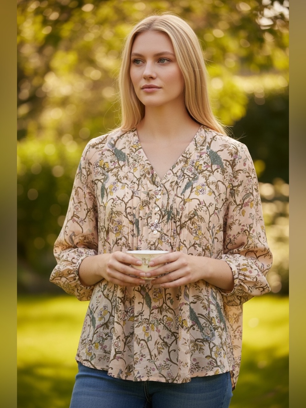 Rose & Olive Floral Pintuck Tunic in Blush and Olive